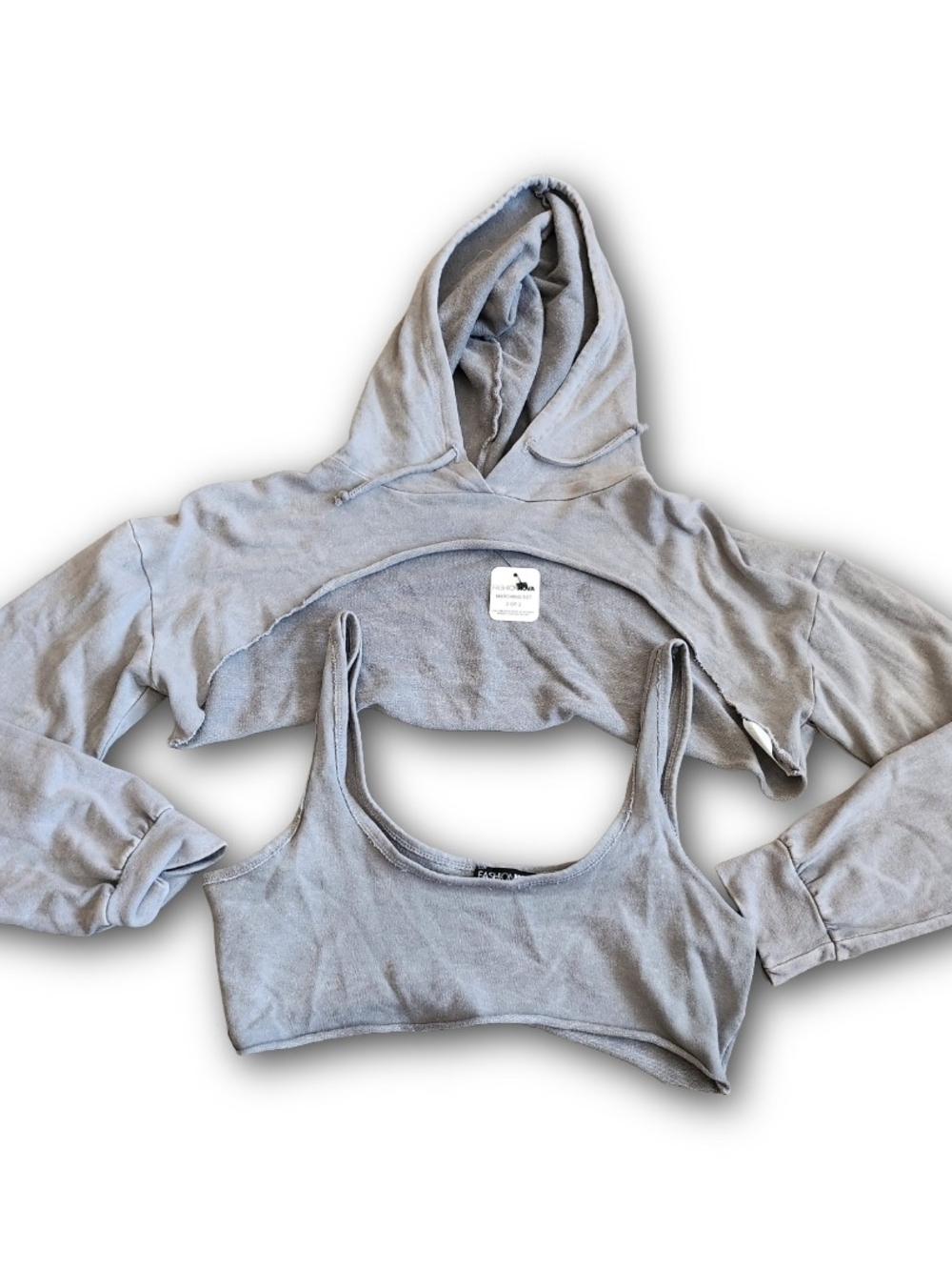 Fashion Nova Grey 2-Piece Super Crop Hoodie & Bralette Set Size Medium